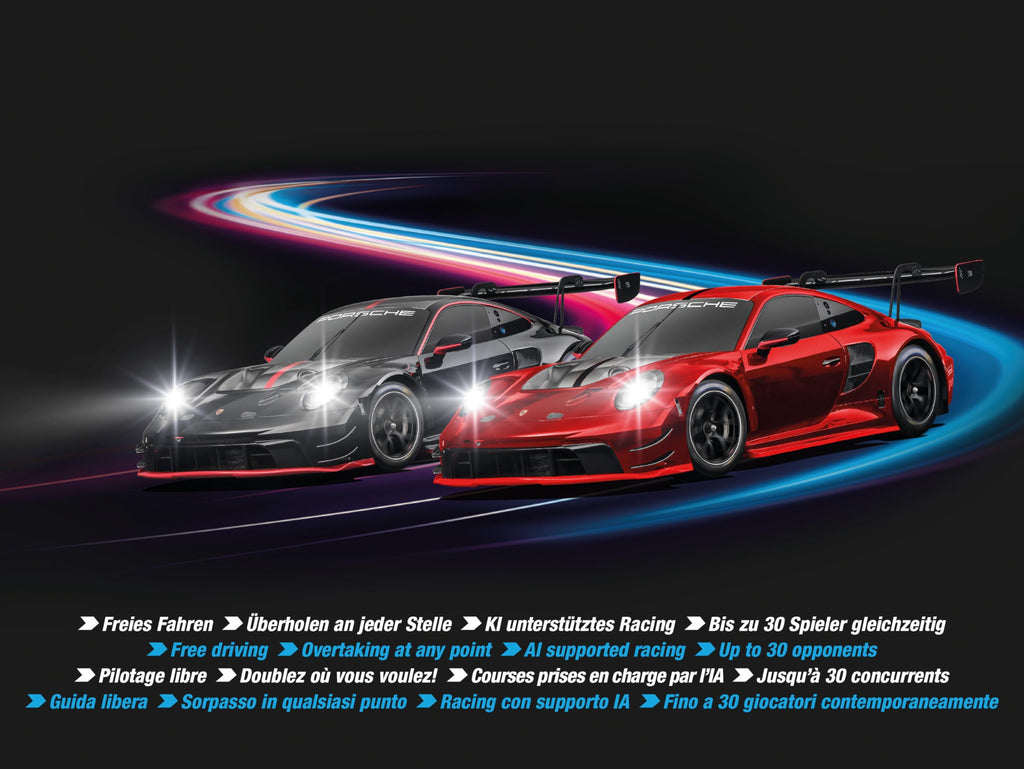 Carrera HYBRID I Rennspaß der neuen Generation - Legendäre Rennboliden Porsche 911 GT3 R im Maßstab 1:50 - Hybrid Technologie mit KI-Unterstützung - Steuerung per Smartphone-App
