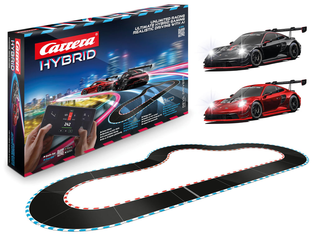 Carrera HYBRID I Rennspaß der neuen Generation - Legendäre Rennboliden Porsche 911 GT3 R im Maßstab 1:50 - Hybrid Technologie mit KI-Unterstützung - Steuerung per Smartphone-App